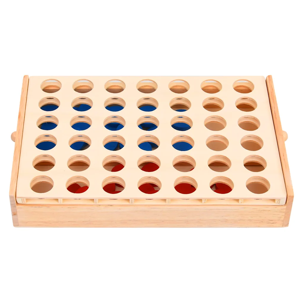 4 op een rij – houten spel met rode en blauwe schijven