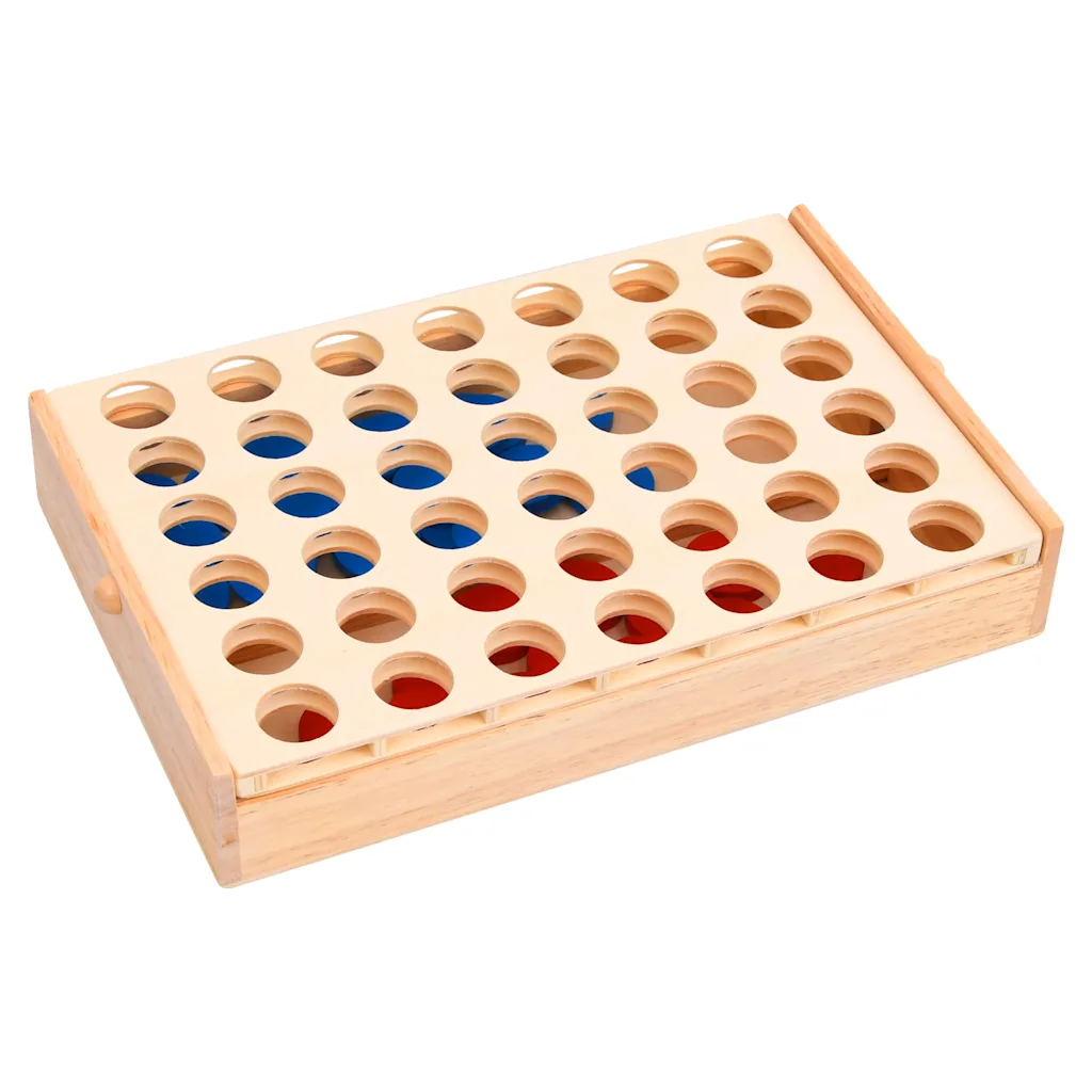 4 op een rij – houten spel met rode en blauwe schijven