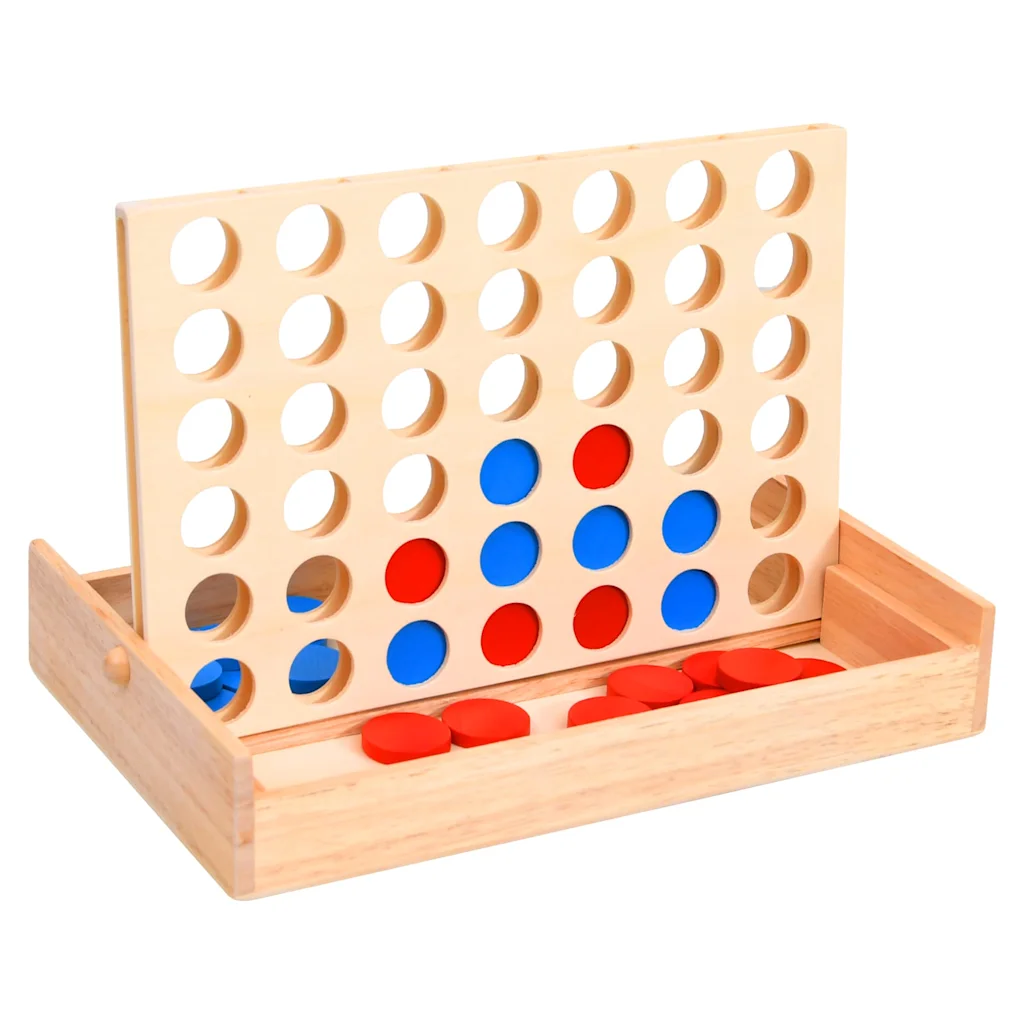 4 op een rij – houten spel met rode en blauwe schijven
